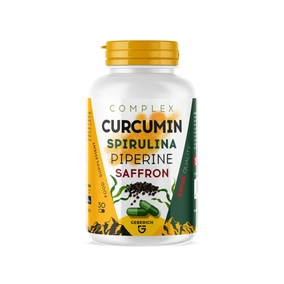 Curcumin and Spirulina daily complex food supplement: white bottle with yellow cap, 30 capsules