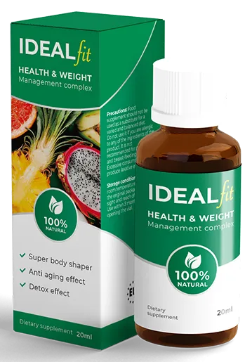 IDEALfit health and weight management complex drops 20ml box and bottle with tropical fruit design